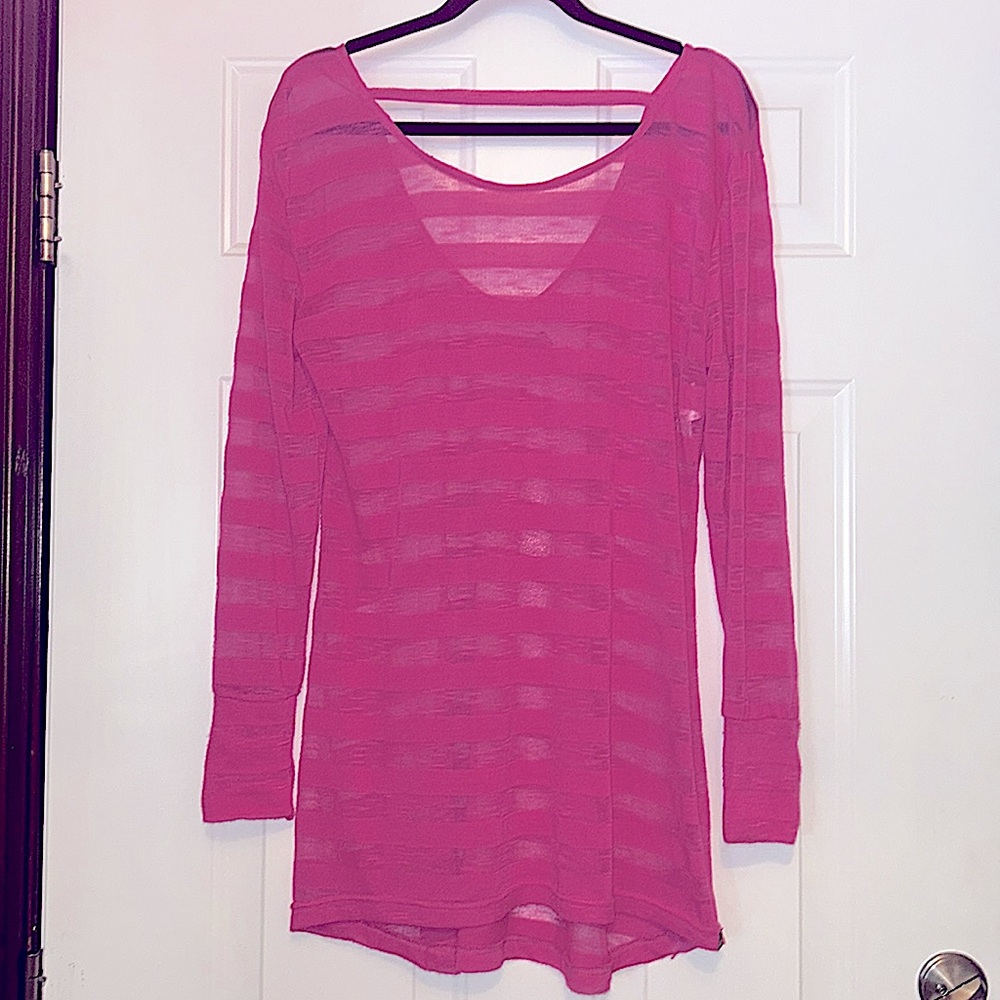 Oakley Sheer Striped Swim Cover Up Tunic Top L Neon Pink A-Line Beach Pool